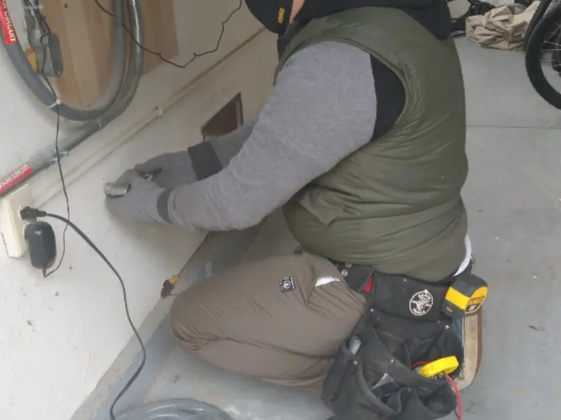 Electrician performing outlet wiring in a East Hempfield garage